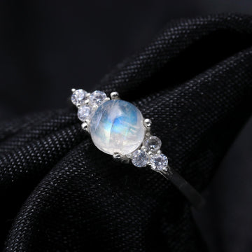 Natural Rainbow Moonstone with Zircon Sterling Silver Ring