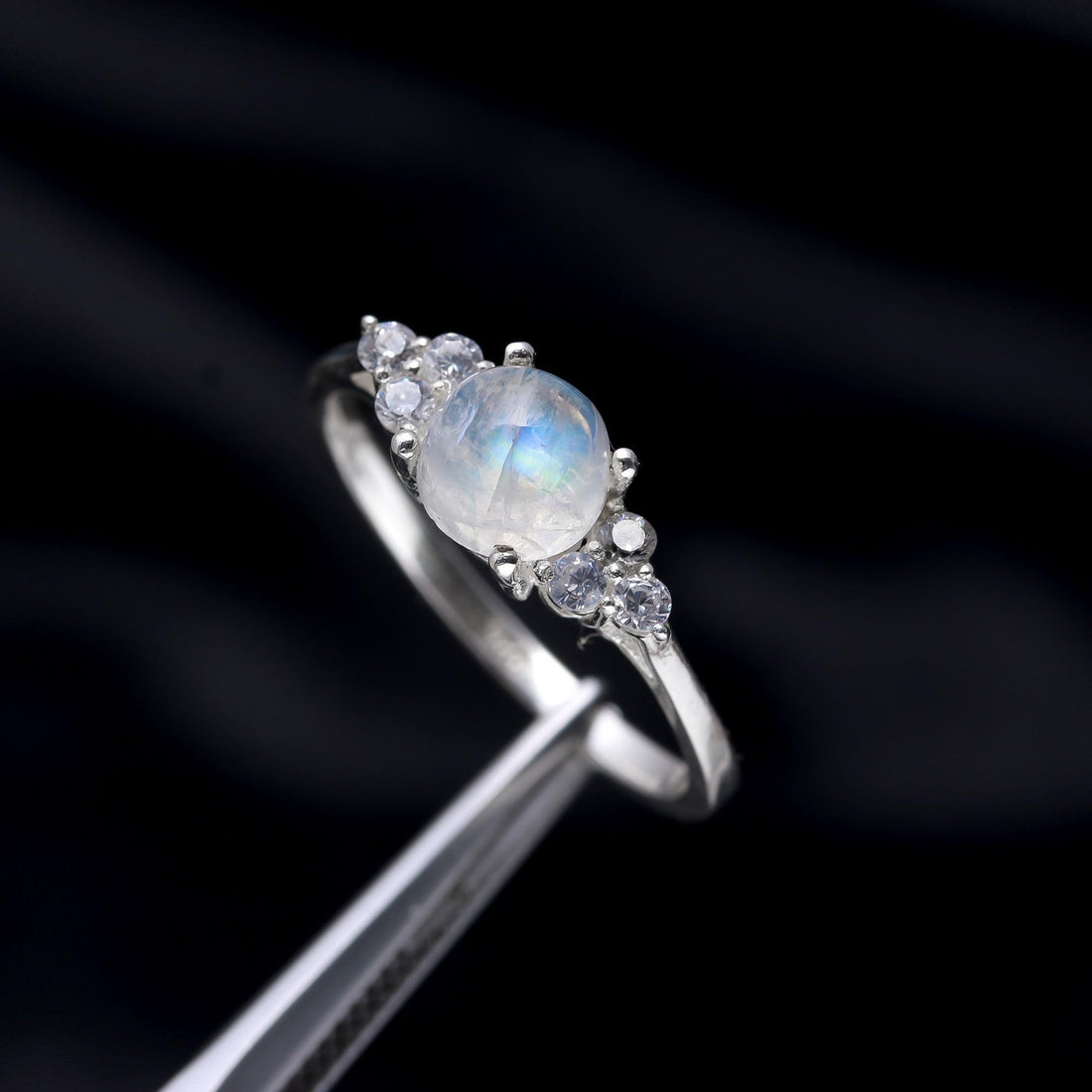 Natural Rainbow Moonstone with Zircon Sterling Silver Ring