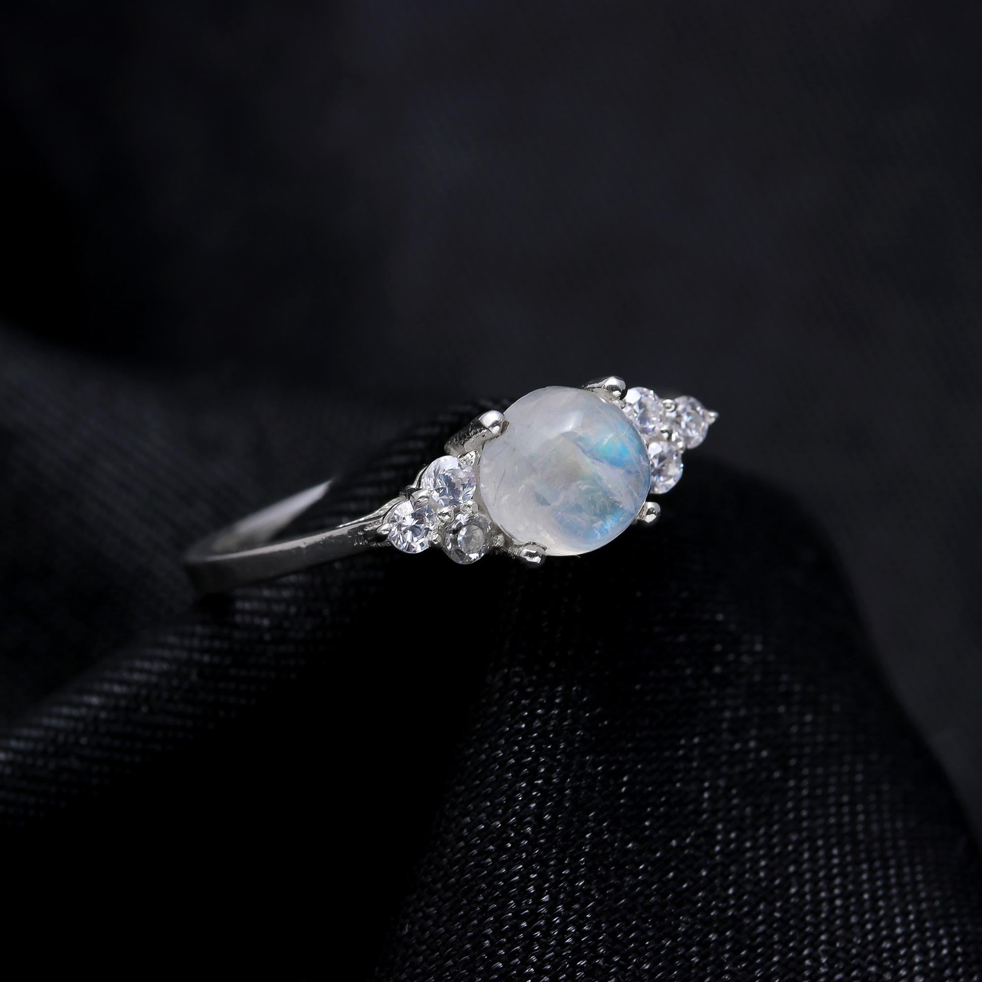 Natural Rainbow Moonstone with Zircon Sterling Silver Ring